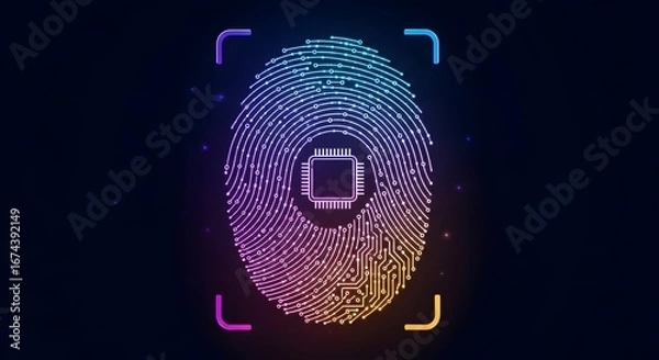 Fototapeta A digital fingerprint made of circuit board lines with a CPU core. Biometric security and digital identity. A futuristic concept for secure authentication and personal data protection.