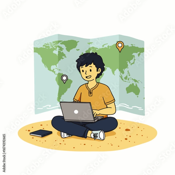 Fototapeta Young man with laptop on a sandy beach with a world map behind him, planning a global journey.