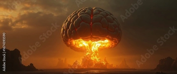 Fototapeta Brain exploding like atomic bomb creates surreal landscape at sunset
