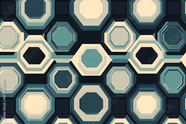 Fototapeta Abstract geometric pattern featuring layered octagons in shades of blue beige and dark navy blue tones