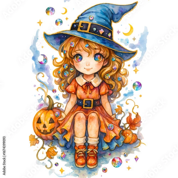 Obraz Little Witch and Diamond Pumpkin Illustration