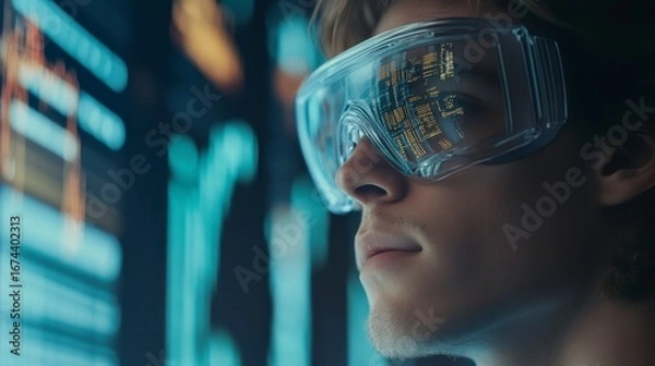 Fototapeta Young man wearing safety glasses, focused on a digital screen displaying data.