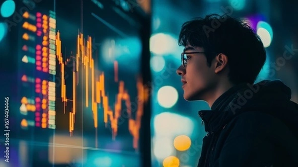 Fototapeta Young man reviewing financial data on a large screen at night.