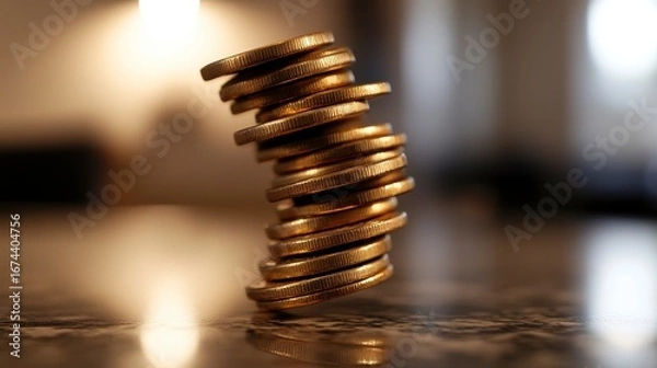 Obraz Close-up of a stack of gold coins precariously balanced on a reflective surface.