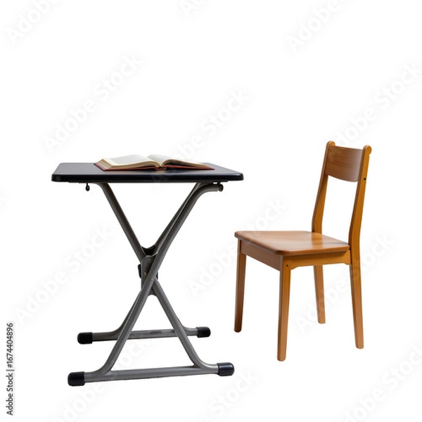 Fototapeta Modern Minimalist Study Table with Wooden Chair and Open Book