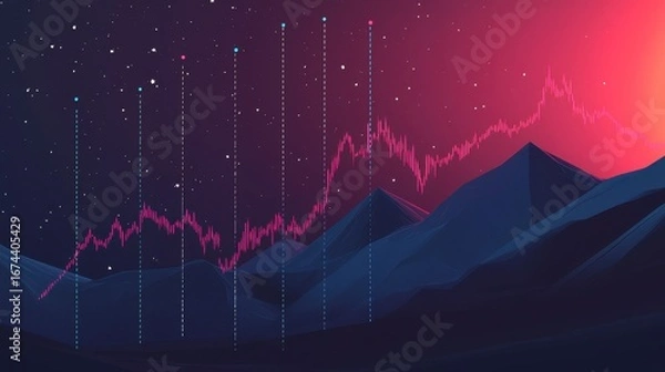 Fototapeta Abstract mountain range with a rising pink line graph overlaid on a dark red and blue night sky background, representing growth and success.