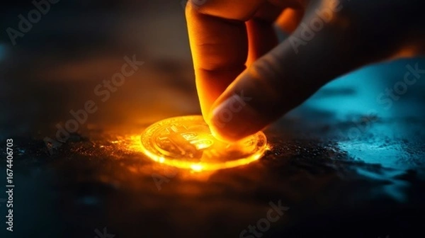 Fototapeta Hand picks up glowing coin on dark surface.