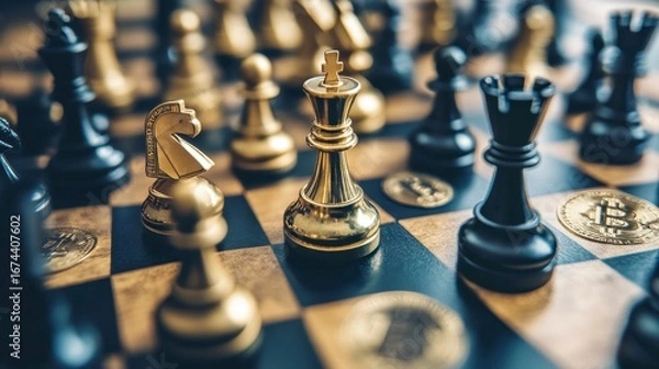 Fototapeta Close-up of a chessboard with gold and black chess pieces and cryptocurrencies.