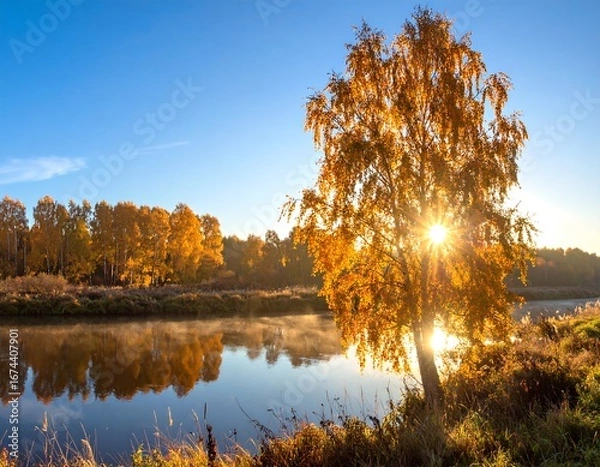 Fototapeta Autumn Sunrise River Birch Tree.