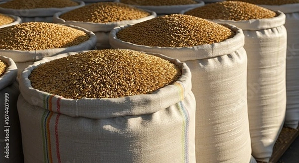 Fototapeta Abstract Agrarian Image with Bags of Grain in Agricultural Sector ,Concept of Good Harvest and Abundance in Farm Storage