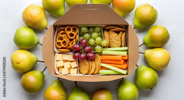 Obraz Healthy snack box with a variety of fruits, vegetables, and crackers with pears around on a white surface