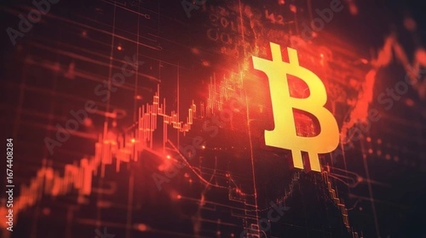 Fototapeta Glowing Bitcoin symbol over a red digital graph.