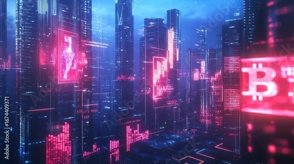 Fototapeta Futuristic cityscape with neon cryptocurrency and stock market data displays.