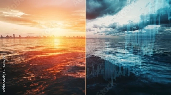 Fototapeta Sunset and stormy sea cityscape split view with financial graph overlay.