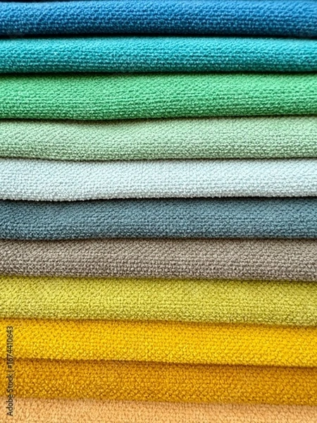 Fototapeta A vibrant display of colourful fabric pieces like towels stacked neatly on top of each other. Represents textile variety, fashion materials, and creative design resources.