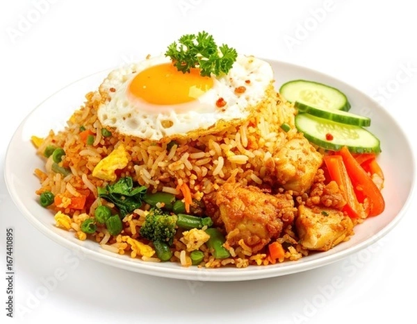 Fototapeta Delicious Fried Rice with Egg, Vegetables, and Tofu on a Plate