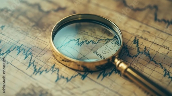 Fototapeta Magnifying glass on antique stock market chart, analyzing financial data and trends.