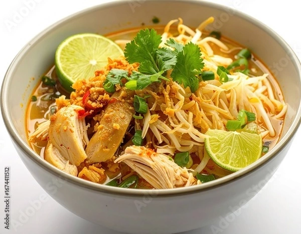 Fototapeta Delicious and Aromatic Chicken Noodle Soup Bowl with Lime and Herbs A Culinary Delight
