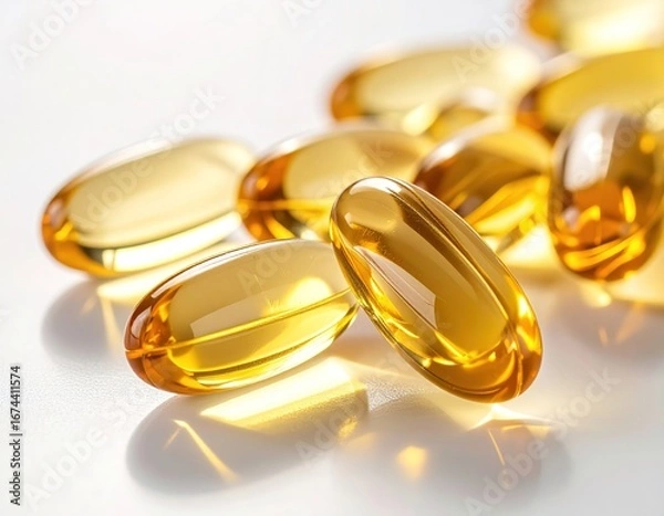 Fototapeta Close-up of golden translucent softgel capsules scattered on a pristine white surface, highlighting essential health supplements for daily wellness and nutritional support