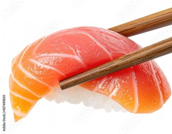 Fototapeta Delicious sushi with fresh salmon being held by chopsticks, isolated on a white background