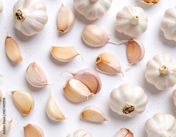 Fototapeta Fresh Garlic Cloves and Bulbs Scattered on a White Surface, Close-Up View