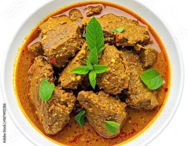 Fototapeta Delicious Rendang, a Traditional Indonesian Beef Curry Dish Garnished with Fresh Mint Leaves, Presented in a White Bowl