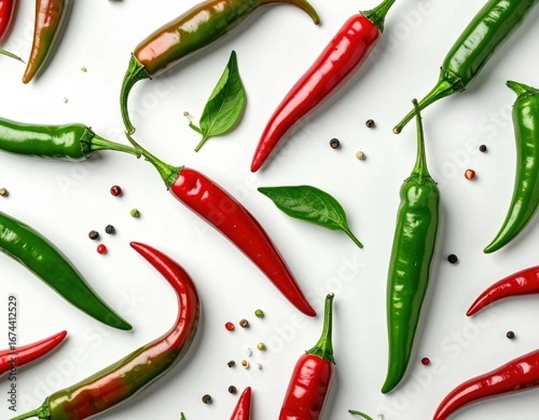 Fototapeta Close-up of Fresh Chili Peppers A Vibrant Flat Lay on White