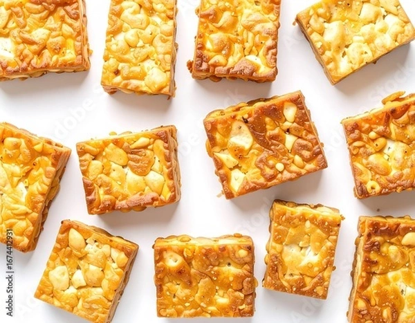 Fototapeta Delicious fried tempeh slices, a protein-rich Indonesian food, arranged on a clean white surface, highlighting its crispy texture and nutty flavor