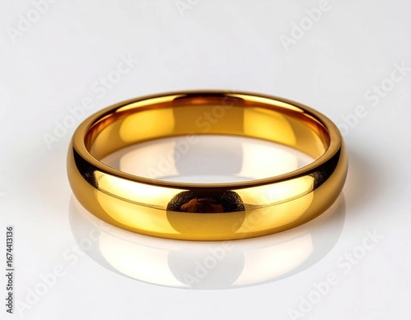 Fototapeta A pristine, gleaming gold band ring, reflecting light on a clean white surface, symbolizing commitment and elegance