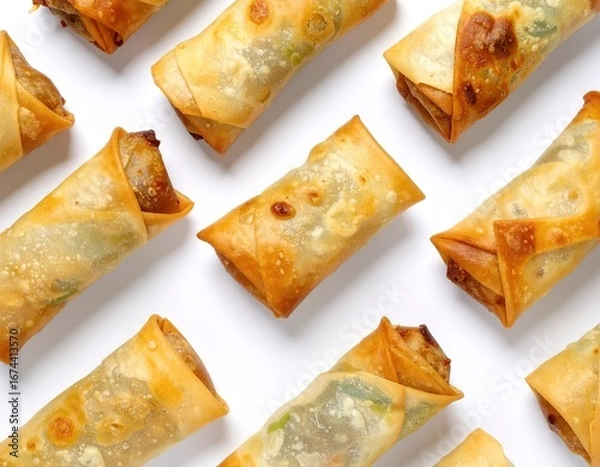 Fototapeta Flat lay close-up of crispy golden fried spring rolls, also known as egg rolls, arranged neatly on a pristine white background, showcasing their delicious texture and savory filling