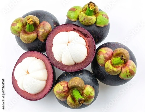 Fototapeta Fresh Mangosteen Flat lay close-up of exotic fruit with a pure white background, culinary delight