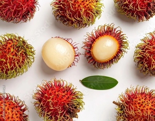 Fototapeta Exotic Rambutan Fruit Flat Lay of Tropical Delights on White