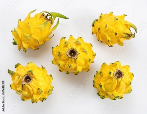 Fototapeta Flat lay close-up of five fresh whole yellow dragon fruits neatly arranged on a pristine white background, showcasing their unique vibrant color and texture in high detail