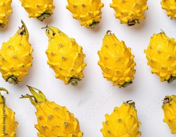 Fototapeta A vibrant close-up flat lay of bright yellow dragon fruits arranged on a clean white background, showcasing their unique texture and color