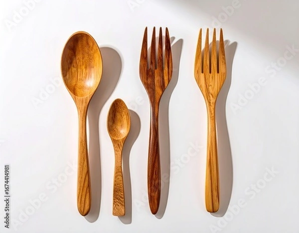 Fototapeta Wooden Cutlery Set Spoon, Fork, and Mini Spoon on a Clean White Background