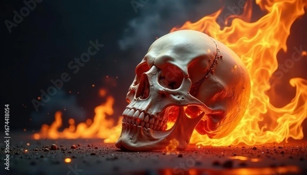 Fototapeta Skull surrounded by flames with smoke rising from its surface, burning relic, inferno, skulls