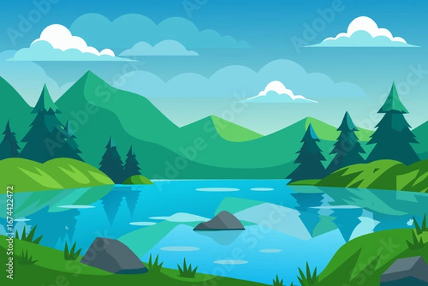 Fototapeta Serene mountain lake with pine trees and cloudy sky