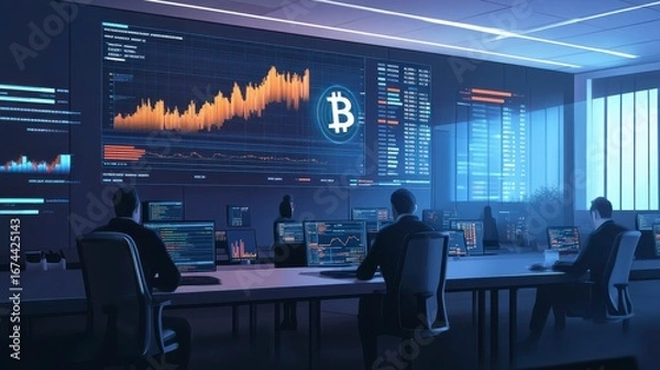 Fototapeta Cryptocurrency trading room; analysts monitor Bitcoin charts and data on large screens.