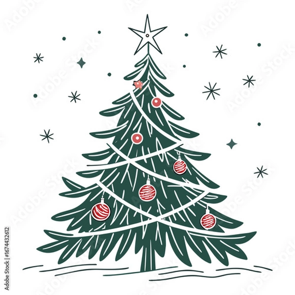 Fototapeta Vector illustration of a decorated Christmas fir tree with a star and snowflakes