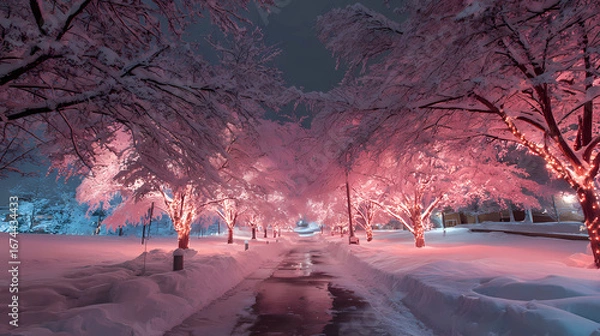 Fototapeta Enchanted Night: Snowy Path Lined with Pink Glowing Trees