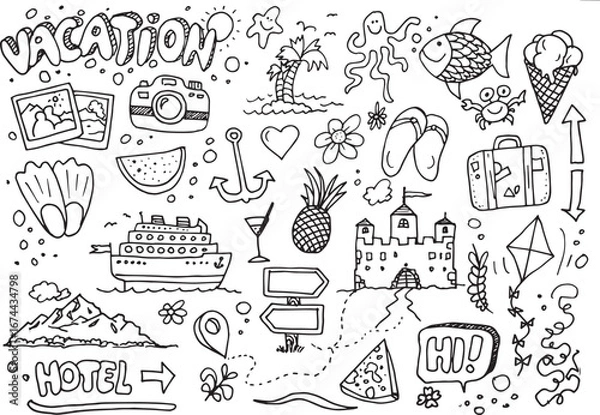 Obraz Hand drawn vacation doodles on white background