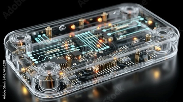 Fototapeta Clean 3D visualization of microfluidic chip with integrated channel networks and sensor ports isolated for futuristic lab-on-a-chip or biotech applications