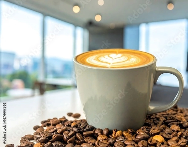 Fototapeta Latte art on a table with coffee beans