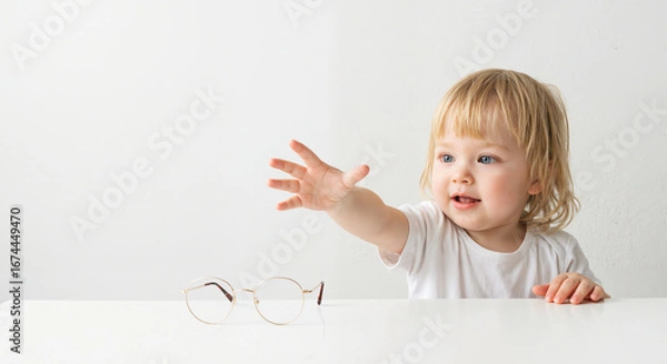 Obraz Cute toddler reaching for glasses with a joyful expression on a minimalist background 