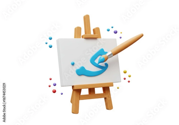 Fototapeta Isolated artist easel with blue paint being applied by a brush to a blank canvas art piece