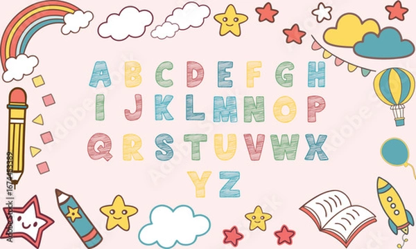 Fototapeta A colorful hand-drawn playful alphabet font with decorative A–Z letters. Ideal for kids’ birthday invitations, party posters, banners, greeting cards, and fun festive designs.