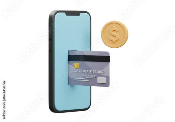 Fototapeta Isolated phone payment with credit card and dollar coin, online banking and digital transaction