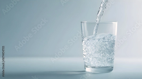 Fototapeta Water being poured into a clear glass, creating splashes and bubbles. Concept of refreshment and pure liquid. Beverage.
