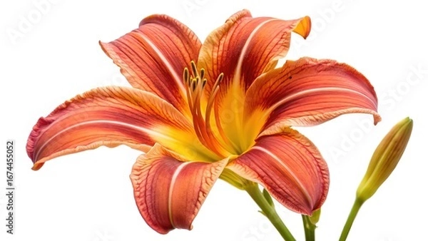 Fototapeta Striking macro photograph of an orange and yellow lily on white background