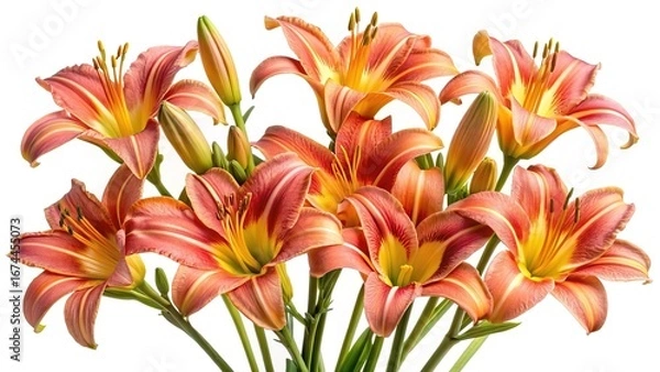 Fototapeta Striking floral display of peach and orange daylilies isolated on white background
